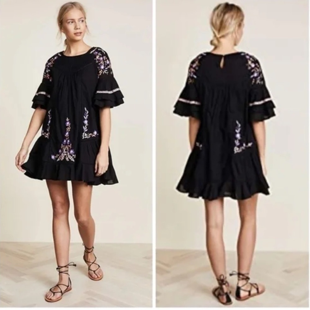 Free People Black Boho Ruffle Pavlo Mini Dress Orange Purple Floral Embroidery - Picture 16 of 16